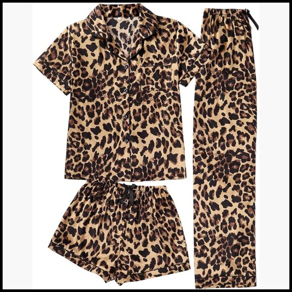 Other - 3 Piece Leopard Print Pajama Set Short Sleeve Button Down Shirt Shorts